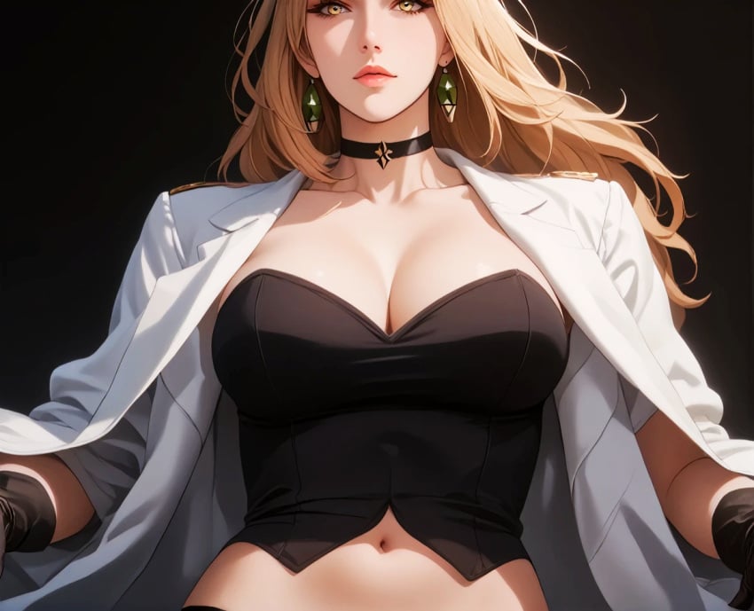 1girls ai_generated belly_button blonde_hair labcoat large_breasts light-skinned_female long_hair looking_at_viewer lorraine_vivie midriff navel shu