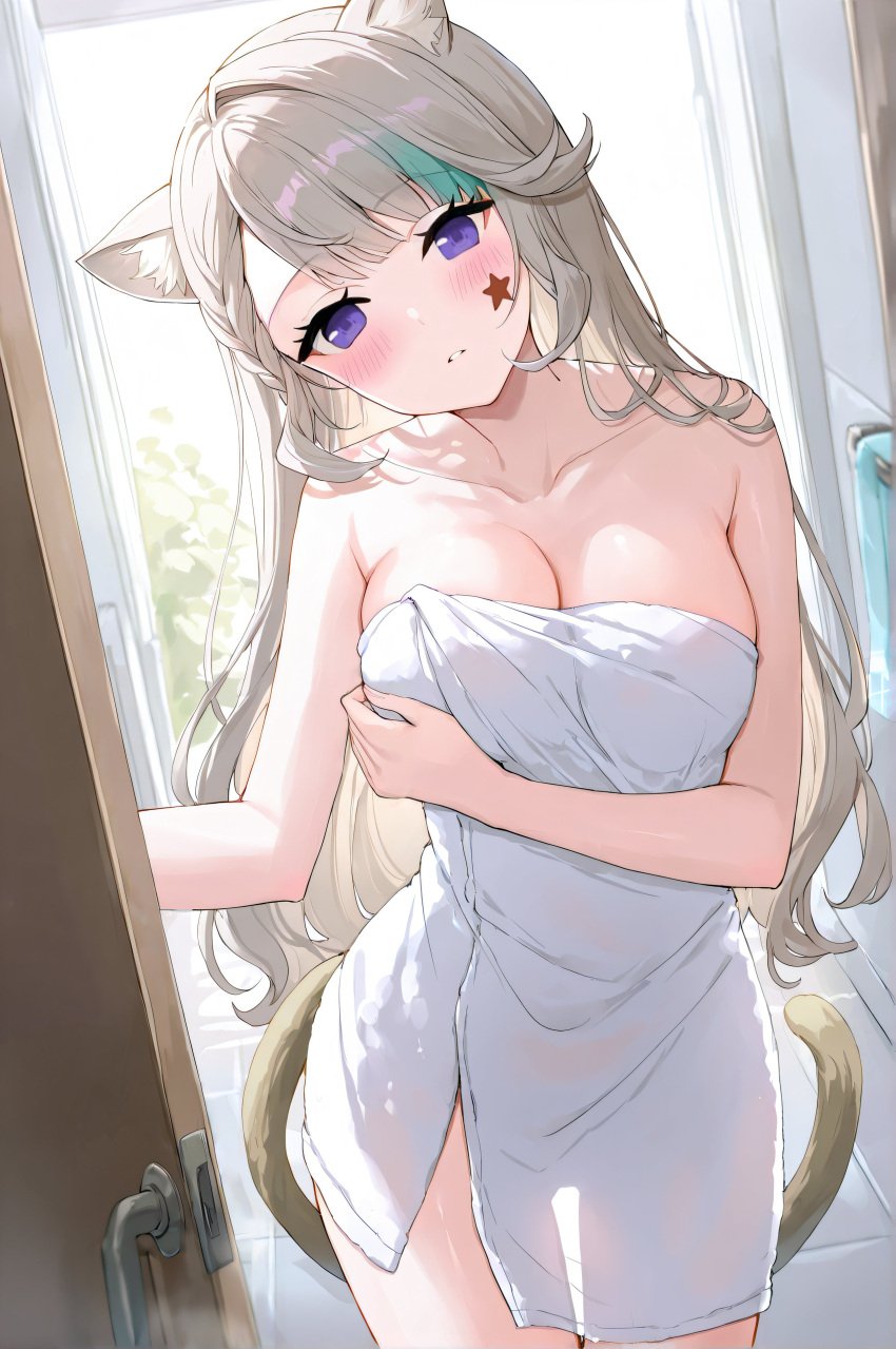 after_shower ai_generated anthro blush breast_hold breasts brown_hair cat_ears cat_tail catgirl female genshin_impact half-closed_eyes looking_at_viewer lynette_(genshin_impact) seductive towel