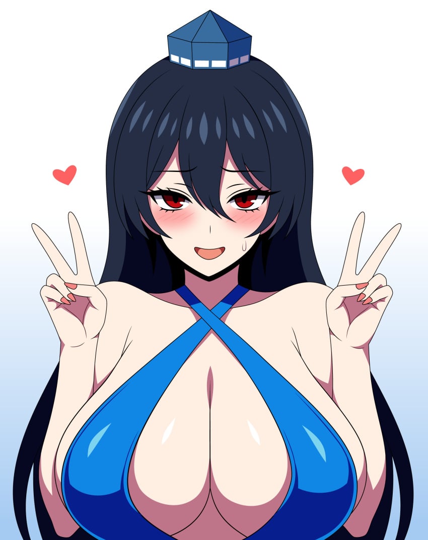 1girls 2d bare_shoulders black_hair blush breasts cleavage double_peace_sign double_v female gradient_background heart heart heart_around_head hearts_around_head iizunamaru_megumu long_hair looking_at_viewer medium_breasts nails open_mouth peace_sign red_eyes shiny_clothes shiny_hair shiny_skin simple_background smile solo source ssaf ssaf52913778 ssaf_seibeupail standing sweatdrop swimwear swimwear_only tengu tokin_hat touhou upper_body v