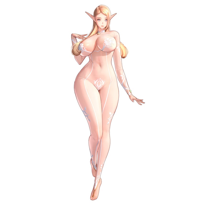 3d 3d_model alternate_costume barefoot beauty_mark blonde_hair blue_eyes bodysuit elf elf_ears elf_female everette_(horizon_walker) feet functionally_nude functionally_nude_female game_cg hi_res highres horizon_walker huge_breasts large_breasts legs lingerie lips lipstick massive_breasts mature mature_female mole mole_under_mouth navel official_art pointy_ears simple_background tall_female thick_thighs thighs transparent_clothing wide_hips