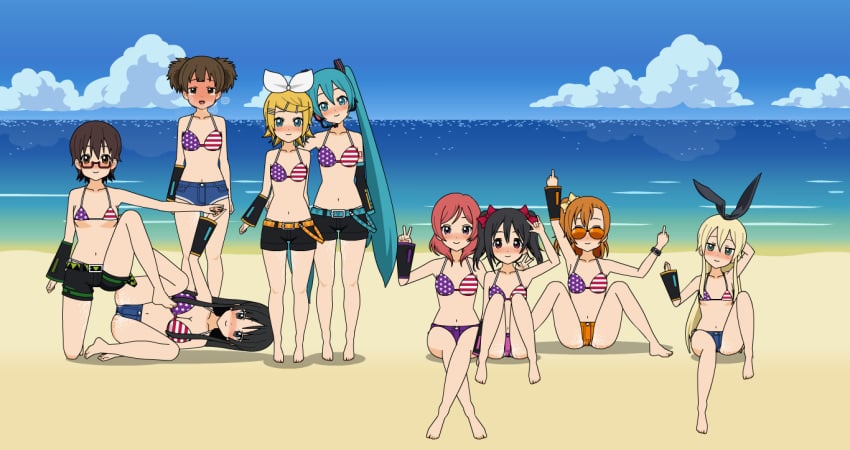 beach color female female_only group hatsune_miku human human_only jun_suzuki_(k-on!) k-on! kagamine_rin kantai_collection kisekae kousaka_honoka love_live! love_live!_school_idol_project middle_finger mio_akiyama_(k-on!) multiple_females nishikino_maki nodoka_manabe_(k-on!) shimakaze_(kantai_collection) tagme vocaloid yazawa_nico