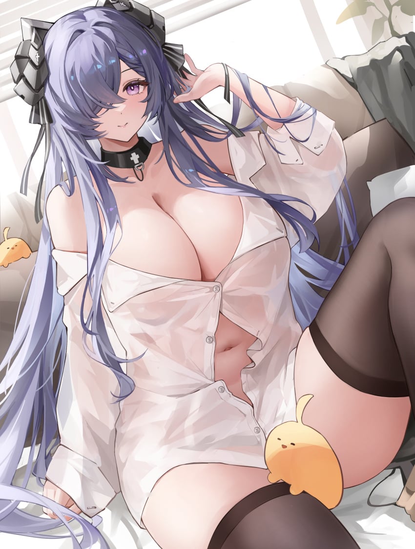 1girls absurdres again_(depr4447) arm_support august_von_parseval_(azur_lane) august_von_parseval_(the_unhulde's_midday_respite)_(azur_lane) azur_lane bare_shoulders black_thighhighs breasts cleavage closed_mouth curled_horns dragon_girl dragon_horns female grey_horns hair_intakes hair_over_one_eye highres horns huge_breasts indoors knee_up long_hair looking_at_viewer looking_back manjuu_(azur_lane) navel off_shoulder official_alternate_costume purple_eyes purple_hair see-through_clothes see-through_shirt shirt sitting smile solo stomach thick_thighs thighhighs thighs very_long_hair white_shirt