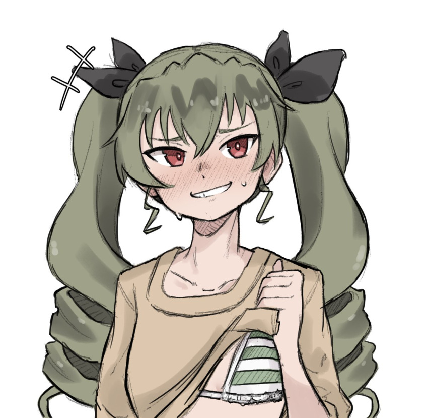 anchovy anchovy_(girls_und_panzer) beige_shirt bikini bikini_top blush blushing_at_viewer blushing_female blushing_profusely bra girls_und_panzer green_hair lifting_own_clothes lifting_shirt nervous nervous_expression nervous_face nervous_smile nervous_sweat pigtail red_eyes striped_clothing sweating twintails zlix0n zlixon