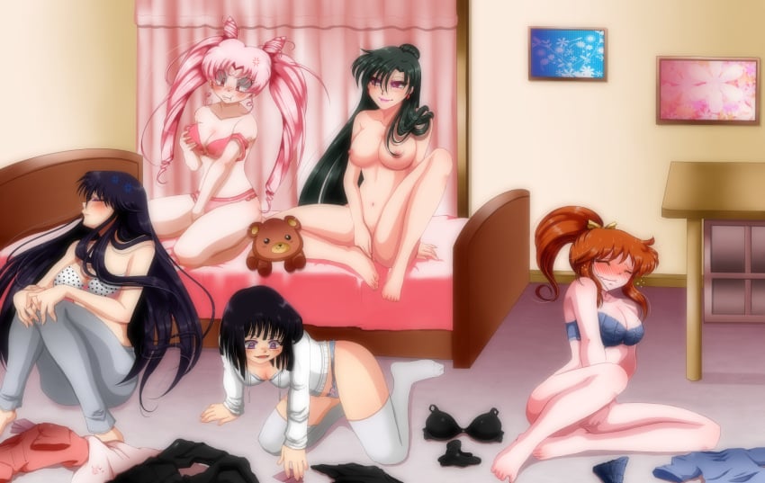 aged_up background bed bed_sheet bedding bedroom bedroom_background bedroom_setting bishoujo_senshi_sailor_moon black_bra black_hair black_panties black_pants black_shirt blue_bra blue_panties blue_shirt blush blush blushing_female bra brown_hair chibi_usa chidori closed_eyes clothes_on_floor clothes_removed curtains dotted_bra embarrassed embarrassed_female embarrassed_nude_exposure embarrassed_nude_female eyes_half_open eyes_open fair-skinned_female fair_skin fondling fondling_breast green_hair grey_panties grey_pants hairbun head_turned head_turned_sideways hotaru_tomoe long_hair multiple_females multiple_girls painting_(object) panties panties_aside pants partially_clothed partially_clothed_female partially_nude partially_undressed pink_curtains pink_hair pink_shirt ponytail purple_eyes red_eyes rei_hino sailor_chibi_moon sailor_mars sailor_moon sailor_pluto sailor_saturn setsuna_meiou short_hair stockings strip_poker stripping table teddy_bear thigh_highs thighhighs twintails unazuki_furuhata underwear white_bra white_shirt white_stockings yellow_ribbon