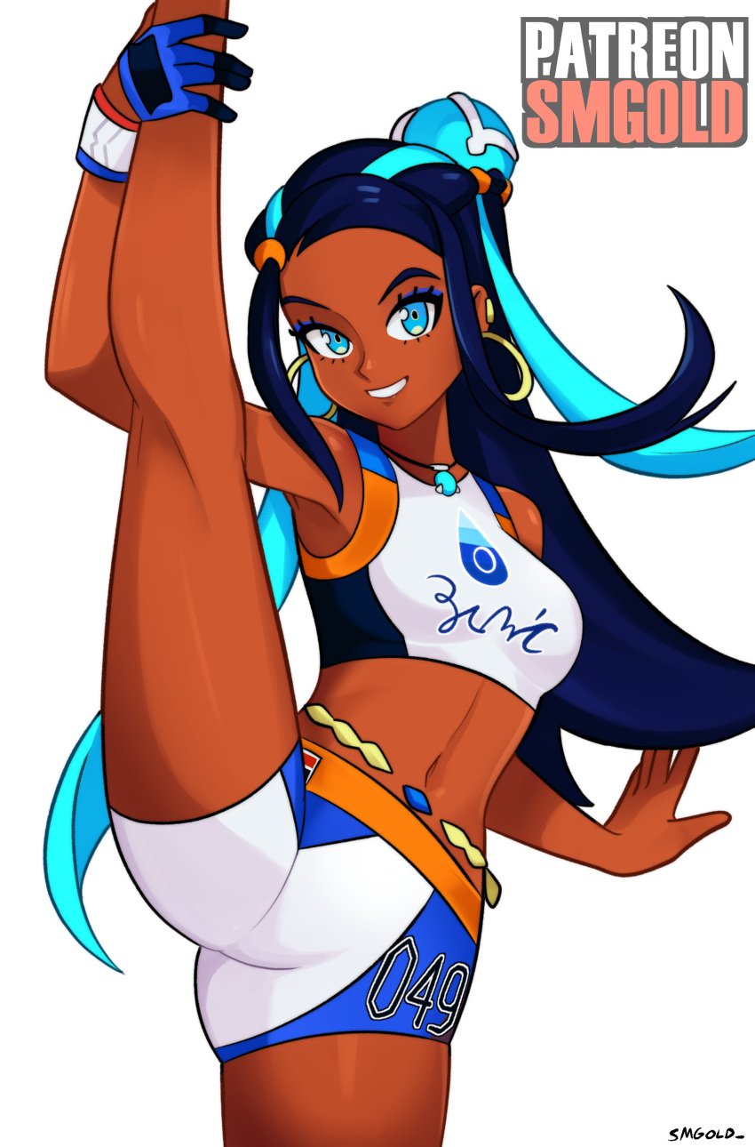 1girls armpit clothed dark-skinned_female dark_skin leg_grab looking_at_viewer midriff navel nessa_(pokemon) pokemon_ss smgold sportswear standing_on_one_leg stretching