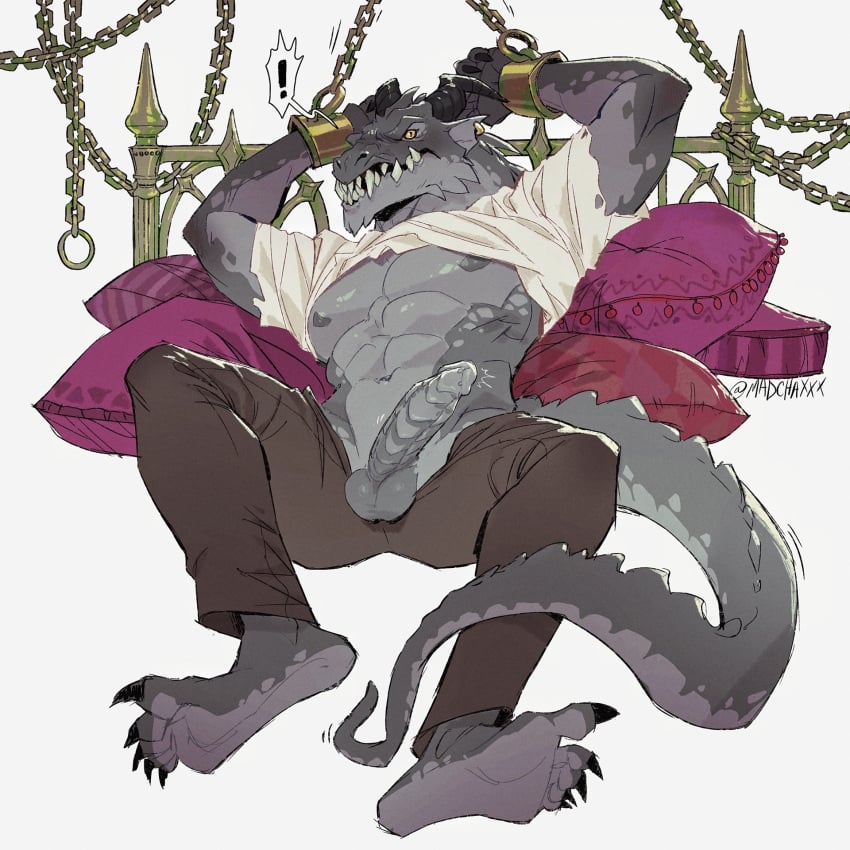 1boy anthro anthro_only bed bedroom chained chained_up chained_wrists chains dragonborn_(dnd) dungeons_and_dragons madchaxxx penis pinup scalie scalie_humanoid scalie_male scalie_only sharp_teeth shirt_up