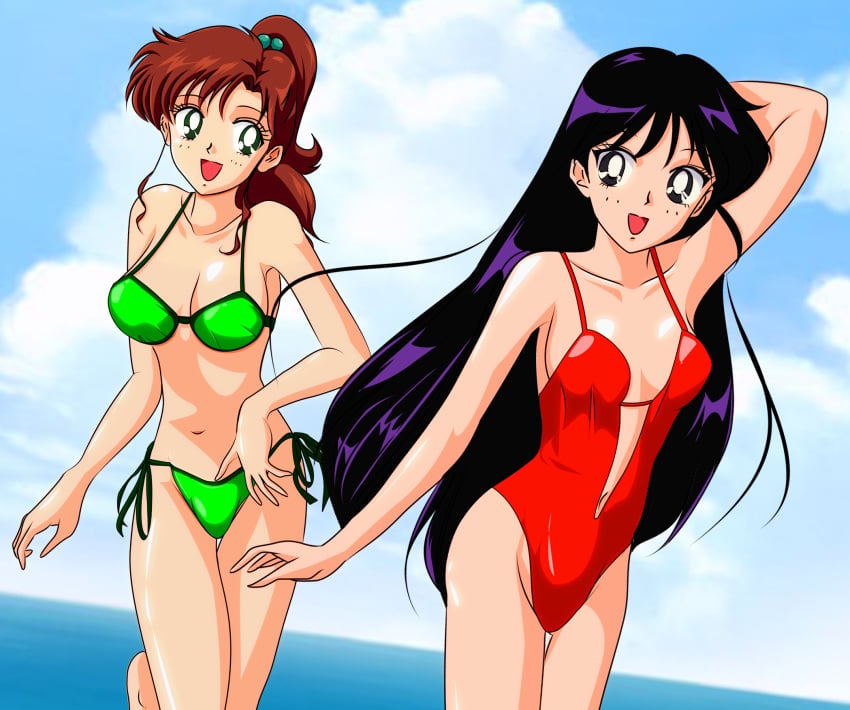 1990s_(style) 2girls :d alluring arm_up bikini bishoujo_senshi_sailor_moon black_eyes black_hair brown_hair casual_one-piece_swimsuit gentoku green_bikini green_eyes hair_bobbles hair_ornament highres hino_rei kino_makoto long_hair long_legs makoto_kino multiple_girls ocean one-piece_swimsuit open_mouth ponytail rei_hino side-tie_bikini_bottom sky smile swimsuit