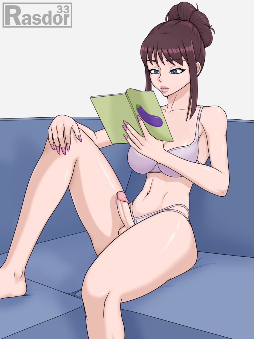 1futa 2d big_breasts blue_eyes couch emily_(rasdor33) erection futanari long_hair no_nut_november rasdor33 reading sitting solo underwear