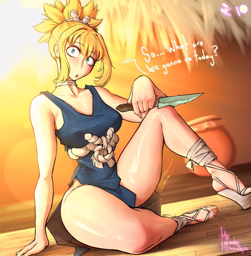 1boy 1girls abs ass bandage bangs belt big_ass big_breasts blonde_hair blush breasts cavewoman clothed clothing dr.stone dress invention ishigami_senku kohaku_(dr.stone) light-skinned_female light_skin loincloth long_hair looking_at_viewer mrhernandrawings pov primitive sandals shiny_skin sidelocks slim_waist text tied_hair writing