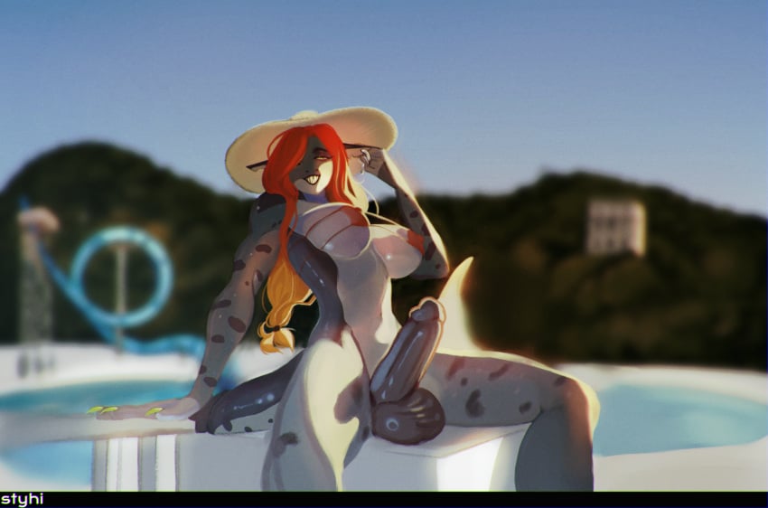 anthro breasts building canopianmerc clothing colored_nails female fish genitals hair hat headgear headwear hi_res house intersex marine mountain nails penis red_hair shark shark_teeth slide solo styhi summer swimming_pool swimwear