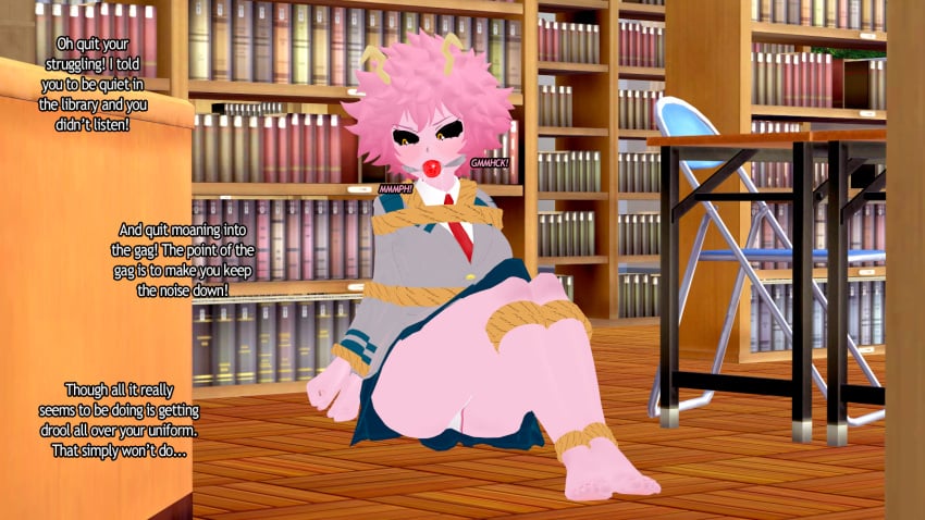 1girls angry angry_face ass ball_gag barefoot bondage boobs breast_bondage breasts damsel_in_distress drool drooling feet female female_only female_solo gagged library mina_ashido my_hero_academia pink_hair rope rope_bondage school_uniform schoolgirl schoolgirl_uniform short_hair soles solo solo_female solo_only text tied_up toes unknown_character