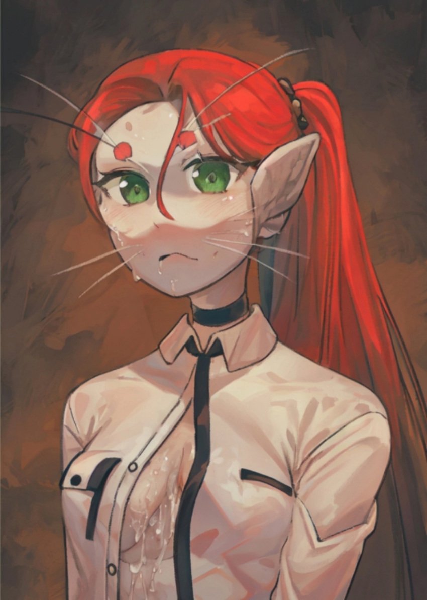 1girls argemia_armuntela ariral ariral_(eternitydev) brown_background cum_on_breasts female green_eyes looking_at_viewer one_female red_hair unknown_artist voices_of_the_void white_shirt