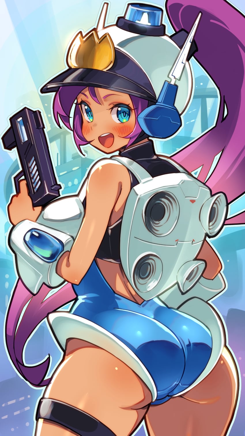 life_is_pi 1girls alternate_costume alternate_hairstyle antennae ass backboob blue_eyes blue_leotard boots breasts cameltoe female female_only gloves gun highres holding_gun leotard long_eyebrows long_hair looking_at_viewer mighty_switch_force patricia_wagon patricia_wagon_(cosplay) police police_uniform policewoman purple_hair shantae shantae_(character) smooth_skin solo uniform visor_cap