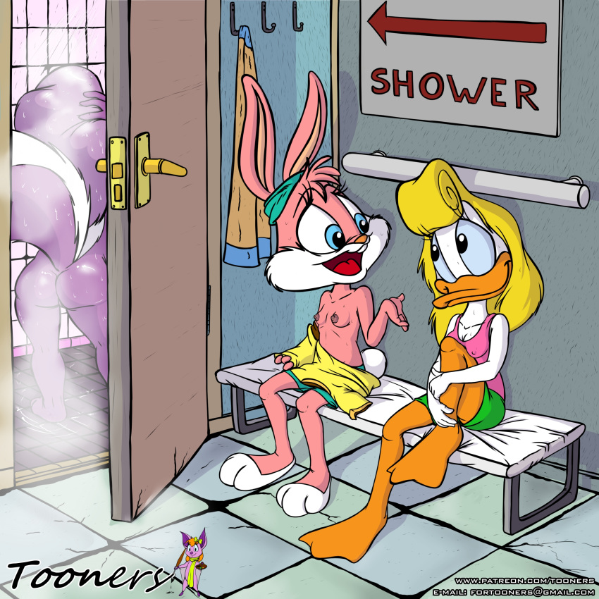 ass avian babs_bunny bath big_tail bird blonde_hair breasts cleavage clothed clothing duck female fifi_la_fume fluffy_tail fur hair half-dressed lagomorph loon mammal nipples pink_hair rabbit raised_tail rear_view sergionekitosso shirley_the_loon shower skunk small_breasts soft_feathers tiny_toon_adventures tooners topless uncensored undressing warner_brothers wet