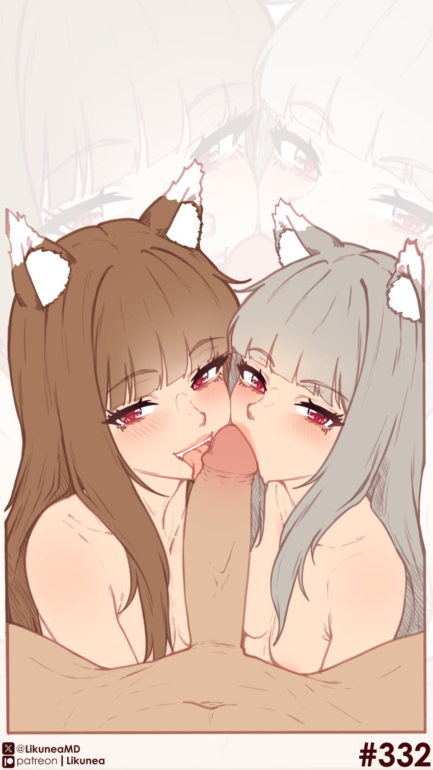 1boy 2girls absurdres animal_ear_fluff animal_ears blunt_bangs blush breasts brown_hair closed_mouth commentary completely_nude dark-skinned_male english_commentary fang fellatio ffm_threesome grey_hair group_sex hair_over_breasts hand_on_another's_head highres holo likunea long_hair looking_at_viewer mother_and_child mother_and_daughter multiple_girls myuri_(spice_and_wolf) navel nude oral oyakodon_(sex) parent_and_child patreon_logo patreon_username penis pov pov_crotch red_eyes sidelocks simple_background small_breasts smile spice_and_wolf tail threesome twitter_username twitter_x_logo uncensored wolf_and_parchment wolf_ears wolf_girl wolf_tail zoom_layer