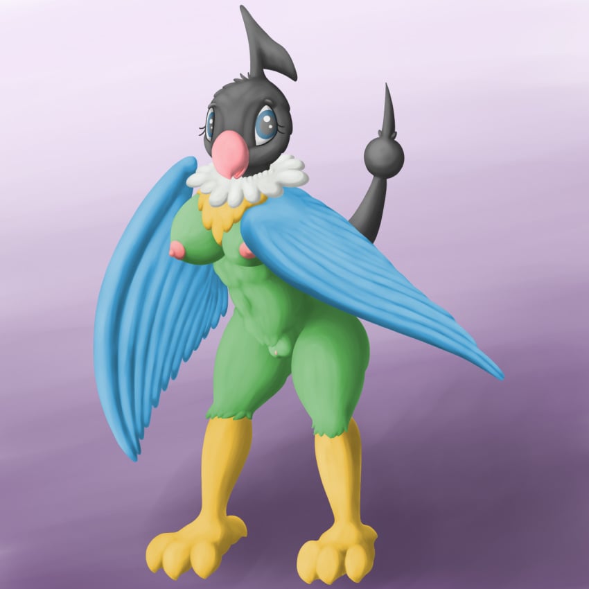 anthro anthrofied avian beak bird blue_eyes breasts chatot claws eyelashes feathers female flygon_(artist) fur looking_at_viewer neck_tuft nintendo nipples nude open_mouth pokemon pokemorph posexe pussy smile solo tuft wings