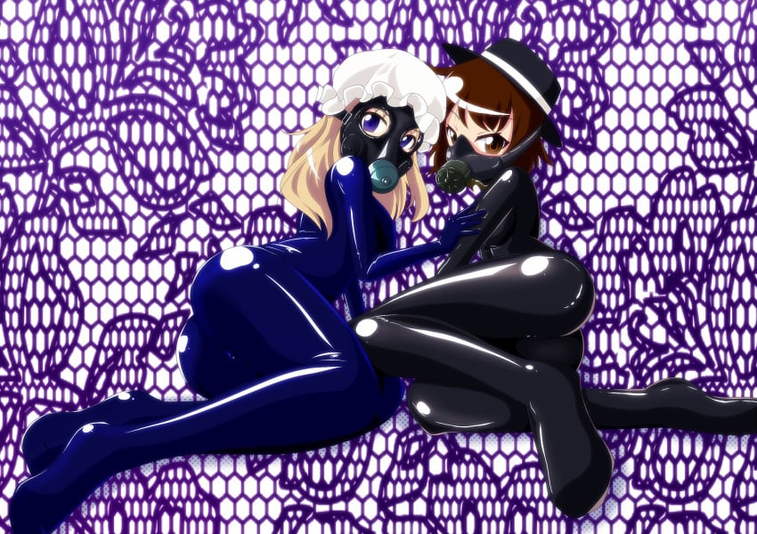 2girls black_latex blonde_hair blue_bodysuit blue_eyes blue_latex bodysuit bondage_gear brown_eyes brown_hair clothing female gas_mask gimp gimp_hood gimp_suit hat highres hood hooded jpg latex latex_bodysuit latex_clothing latex_suit maribel_hearn mask multiple_girls renko_usami tamakko touhou yuri