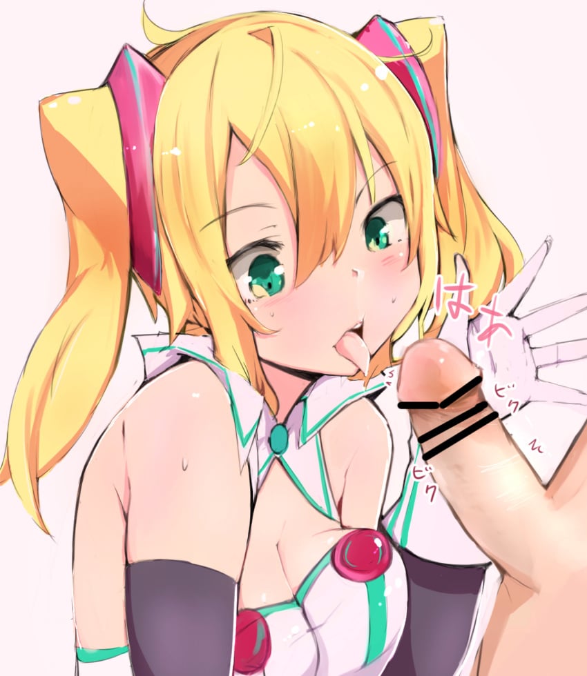 1boy blonde_hair blush breasts censored fellatio female green_eyes hacka_doll hacka_doll_1 highres long_hair muoto open_mouth oral penis solo_focus straight tied_hair tongue twintails