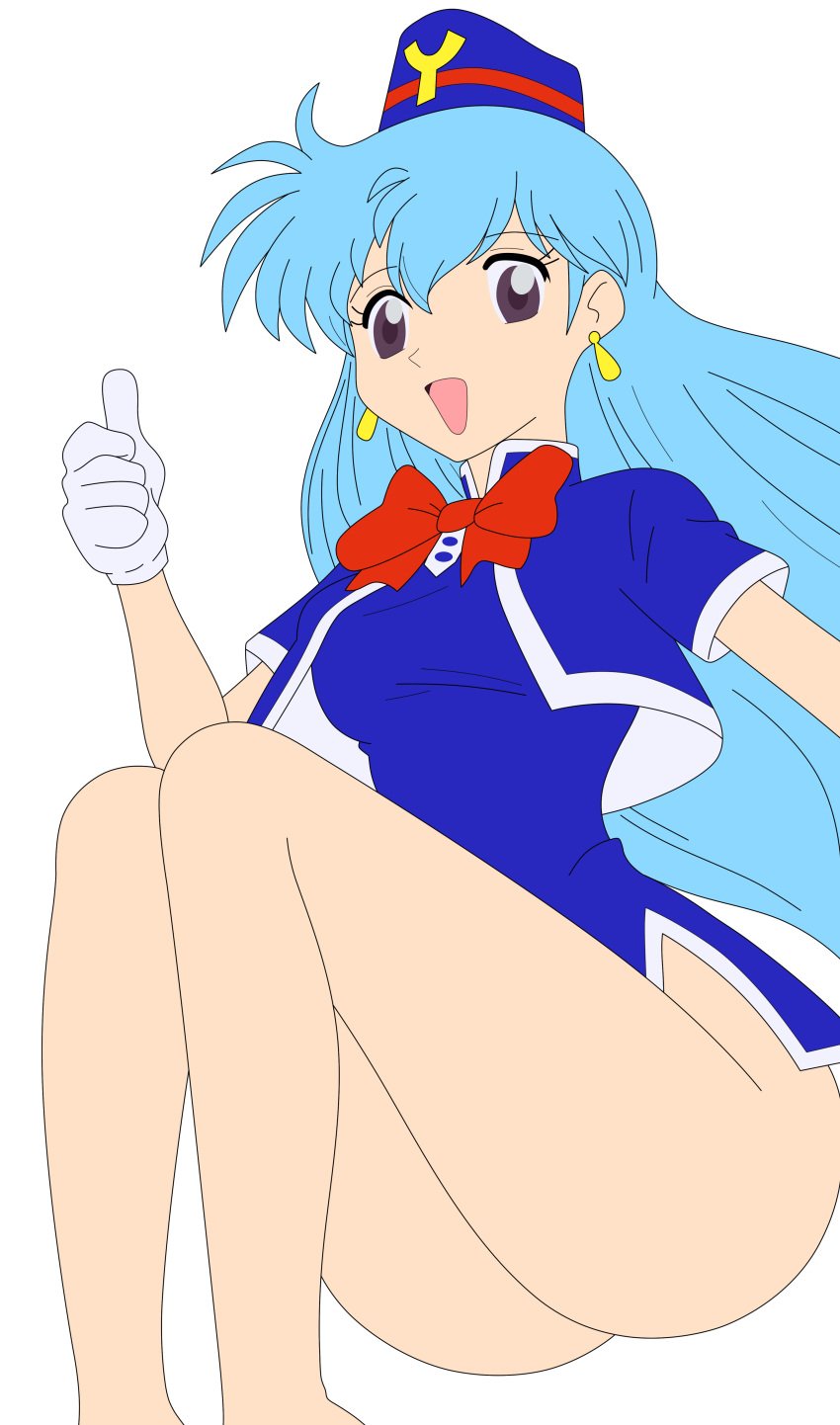 1girls absurdres aqua_hair breasts busakumas female hat highres hips legs legs_crossed long_hair miniskirt no_panties photoshop purple_eyes short_dress simple_background smile solo stewardess tenjouin_katsura thighs vector_trace yat_anshin_uchuu_ryokou