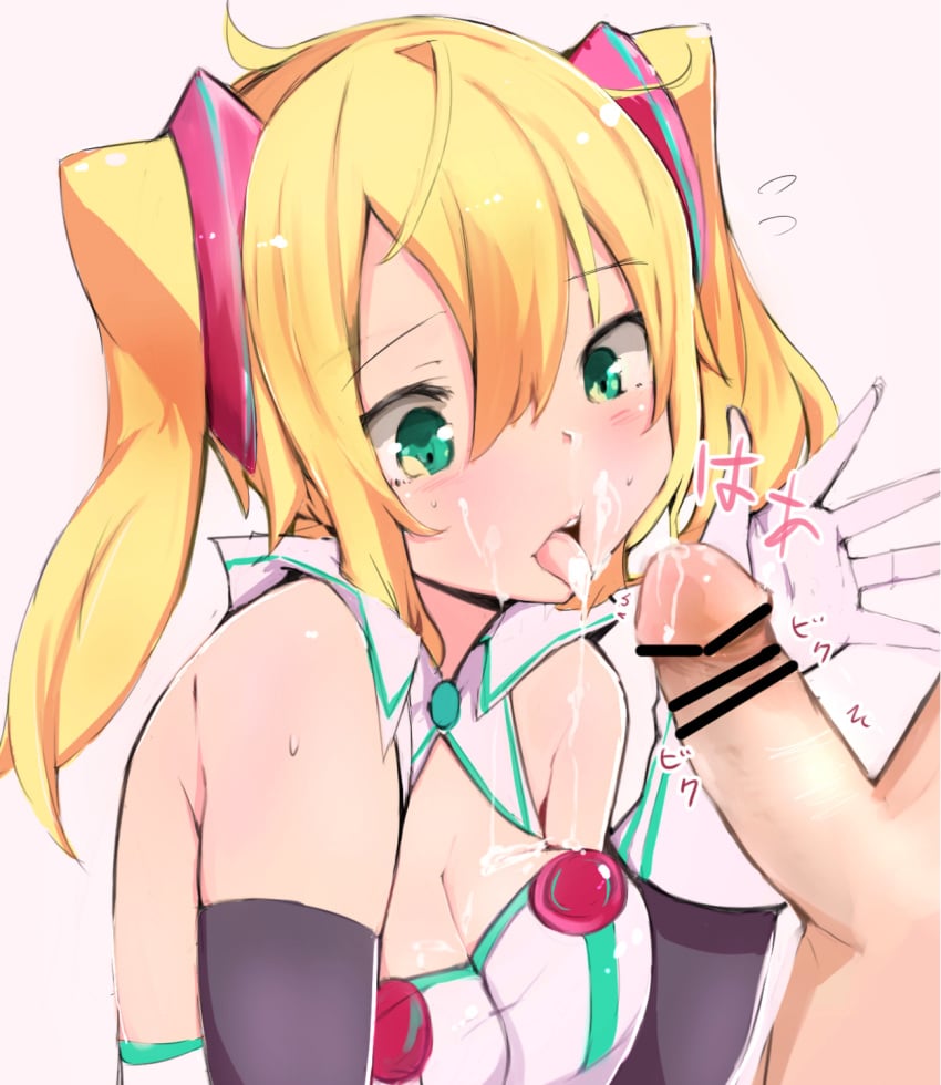 1boy blonde_hair blush breasts censored cum cum_in_mouth fellatio female green_eyes hacka_doll hacka_doll_1 highres long_hair muoto open_mouth oral penis solo_focus straight tied_hair tongue twintails