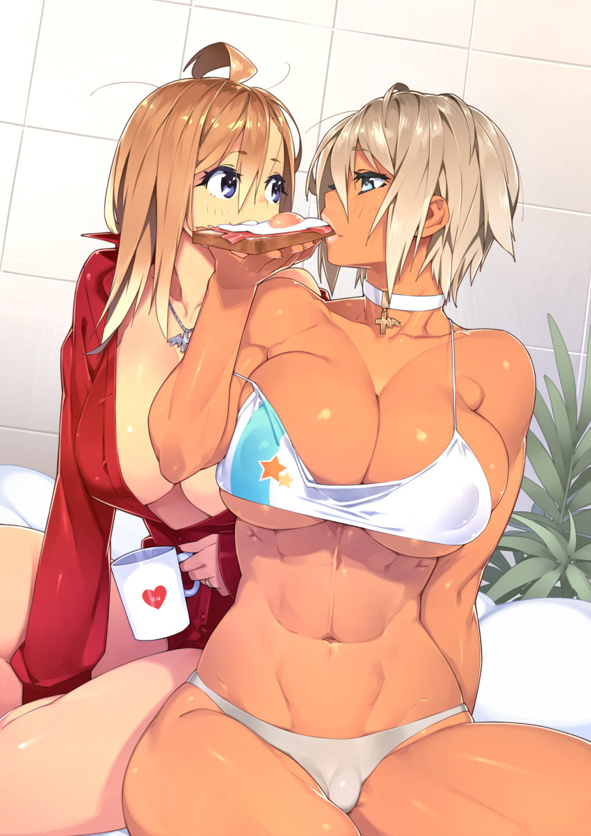 2girls abs bikini blonde_hair blue_eyes breasts brown_hair cameltoe choker cleavage dark-skinned_female dark_skin eating eye_contact female food large_breasts long_hair muscular_female necklace nipple_bulge original pendant sela_(sela_god) sela_god sharing_food shirt short_hair sitting ursula_(sela_god) wife_and_wife yuri