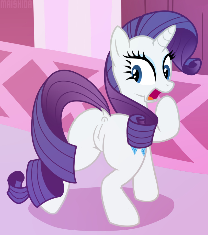 anus ass blue_eyes cutie_mark dock equine female feral friendship_is_magic hair horn looking_back maishida mammal my_little_pony open_mouth purple_hair pussy rarity_(mlp) solo standing surprised unicorn