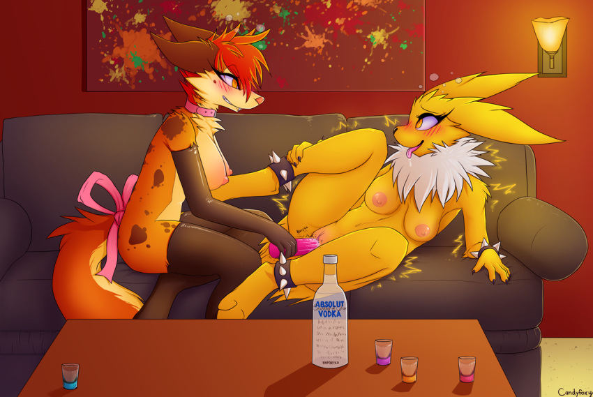 2015 akira_(candyfoxy) alcohol anthro beverage blush bottle breasts brown_fur candyfoxy canine claws clothing collar dripping drunk duo eeveelution female food fur hair inside jolteon legwear lily_(theycalmehavoc) living_room lying mammal nintendo nipples nude on_side open_mouth orange_hair penetration pointy_ears pokemon pussy pussy_juice ribbons rubber saliva sex_toy shot_glass side_view sitting smile sofa spiked_bracelet spikes table tail_bow teeth thighhighs tongue tongue_out vaginal_penetration vibrator video_games vodka white_fur wolf yellow_eyes yellow_fur yuri