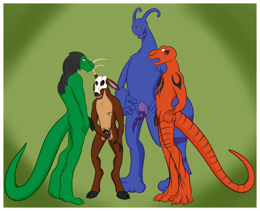 2015 alien animal_genitalia antennae anthro antlers arthropod ass balls blue_skin cervine cum deer dreadlocks erection fur green_sclera group hooves horn hybrid insects lizard male mammal modo_tu_(character) nude open_mouth partially_retracted_sheath penis prehensile_penis purple_penis quartet red_eyes reptile scalie simple_background smile tapering_penis tattoo tongue uncut x231_(artist) yaoi