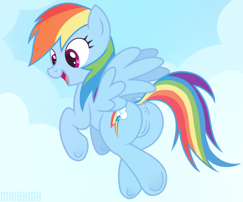 anus ass blue_feathers cutie_mark equine feathers female feral flying friendship_is_magic hair maishida mammal multicolored_hair my_little_pony open_mouth outside pegasus pussy rainbow_dash_(mlp) rainbow_hair sky smile solo tongue wings