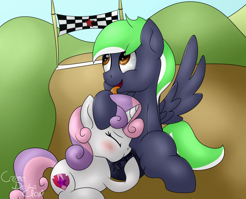 blush cremedelaclop_(artist) duo equine fan_character fellatio female friendship_is_magic hair_on_head horn horse male mammal my_little_pony oral outside pegasus penis pony sex sweetie_belle_(mlp) tongue tongue_out unicorn wings