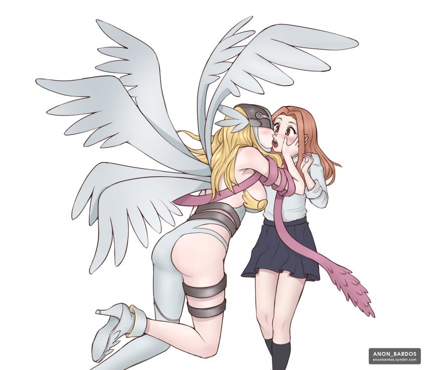 2girls 6_wings angel angel_wings angewomon anon_bardos blonde_hair brown_hair digimon digimon_adventure_tri. female female_only french_kiss french_kissing fully_clothed kiss kissing long_hair mask mimi_tachikawa schoolgirl skirt surprised wings yuri