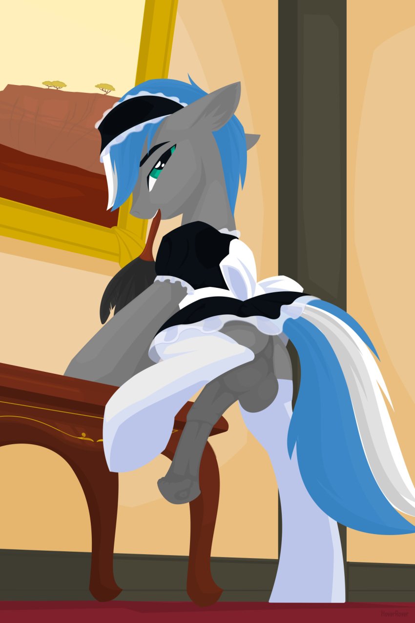 animal_genitalia ass backsack balls clothing crossdressing earth_pony equine erection fan_character horse horsecock hoverrover legwear looking_at_viewer looking_back maid maid_uniform mammal my_little_pony penis pony presenting raised_leg seductive solo stockings uniform