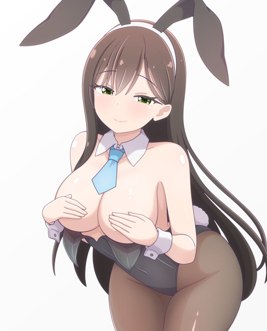 1girls animal_ears bang_dream! bare_arms bare_shoulders black_hair black_leotard blue_necktie blush breasts brown_pantyhose cleavage closed_mouth collarbone covered_groin covering_breasts covering_privates cowboy_shot detached_collar fake_animal_ears fake_tail female green_eyes grey_background hair_between_eyes hairband hanazono_tae hands_up highleg highleg_leotard highres leaning_forward leotard leotard_pull long_hair looking_at_viewer necktie pantyhose playboy_bunny rabbit_ears rabbit_tail ren_0_(044ren) short_necktie simple_background smile solo standing strapless strapless_leotard tail very_long_hair white_hairband wrist_cuffs