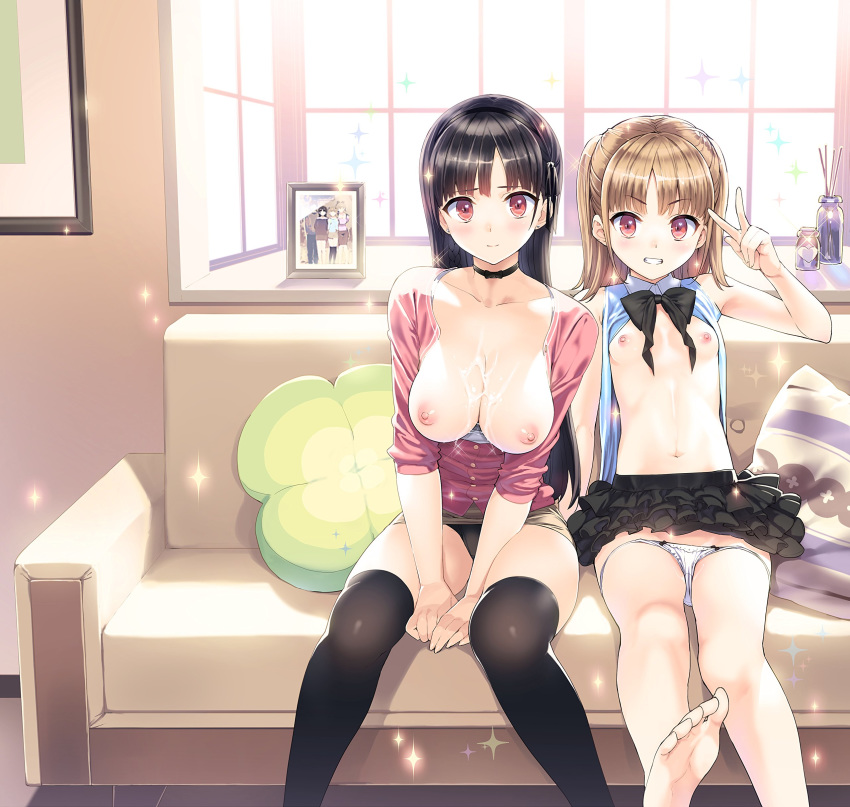 2girls absurdres barefoot black_hair black_legwear black_panties blonde_hair blush breasts brown_eyes choker couch cum cum_on_body cum_on_breasts cum_on_upper_body flat_chest grin highres long_hair looking_at_viewer multiple_girls nipples ootomo_takuji panties photo_(object) pillow short_hair sitting small_breasts smile sparkle thighhighs underwear v v_arms white_panties window