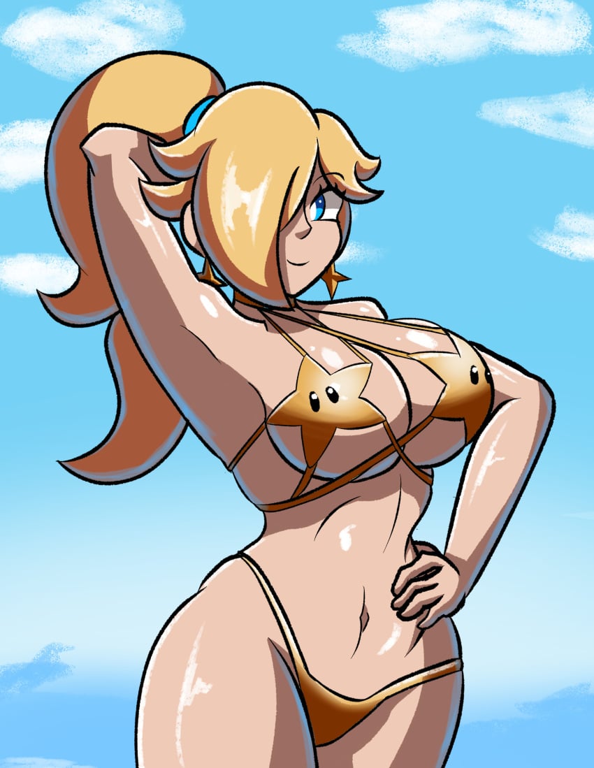 1girls arm_behind_head big_breasts bikini bikini_bottom bikini_top blonde_hair blue_eyes bottomwear breasts cleavage ear_piercing earrings female female_only golden_bikini golden_week hair hair_over_one_eye hand_on_hip huge_breasts mario_(series) nintendo ponytail princess_rosalina robveemo smile solo solo_female star_bikini swimwear topwear