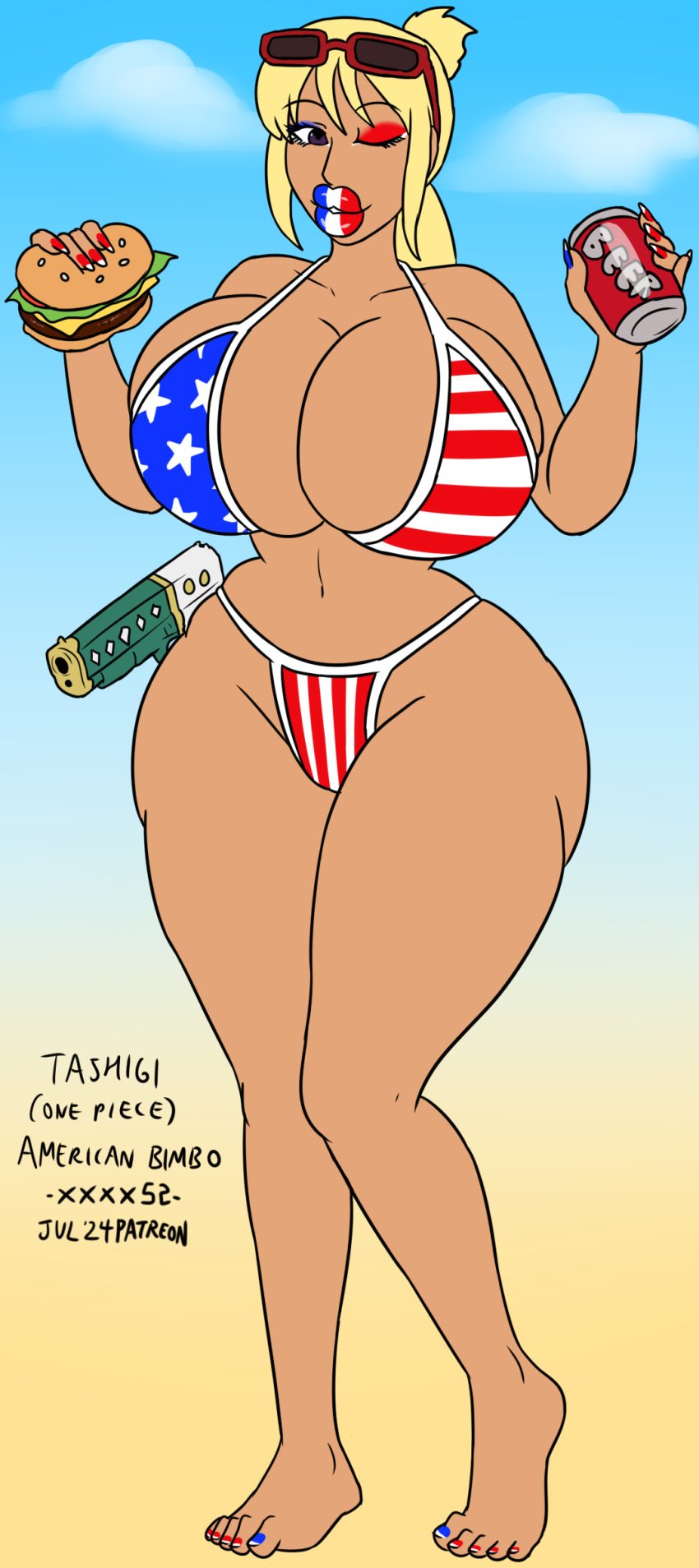 1girls american american_flag american_flag_bikini ass ass_expansion beach beer belly big_breasts bikini bimbo bimbo_body bimbo_lip bimbo_lips bimbofication bimbofied blonde blonde_female blonde_hair brain_drain brainwashed brainwashing breasts breasts_bigger_than_head brown_body cleavage color dark-skinned_female dark_skin drinking eating english english_text enormous_breasts feet female female_focus female_only flag flag_bikini flag_print gun hamburger huge_breasts identity_death legs makeup nail_polish nails nails_painted nationality one_piece patriotic_clothing patriotism ponytail race_swap simple_background simple_shading slutty_clothes slutty_face slutty_pose smiling smiling_at_viewer stereotype sunglasses swimsuit tan_body tan_skin tashigi text thick thick_ass thick_legs thick_thighs thighs thin_waist thong tight_clothing transformation wink winking winking_at_viewer xenophilia