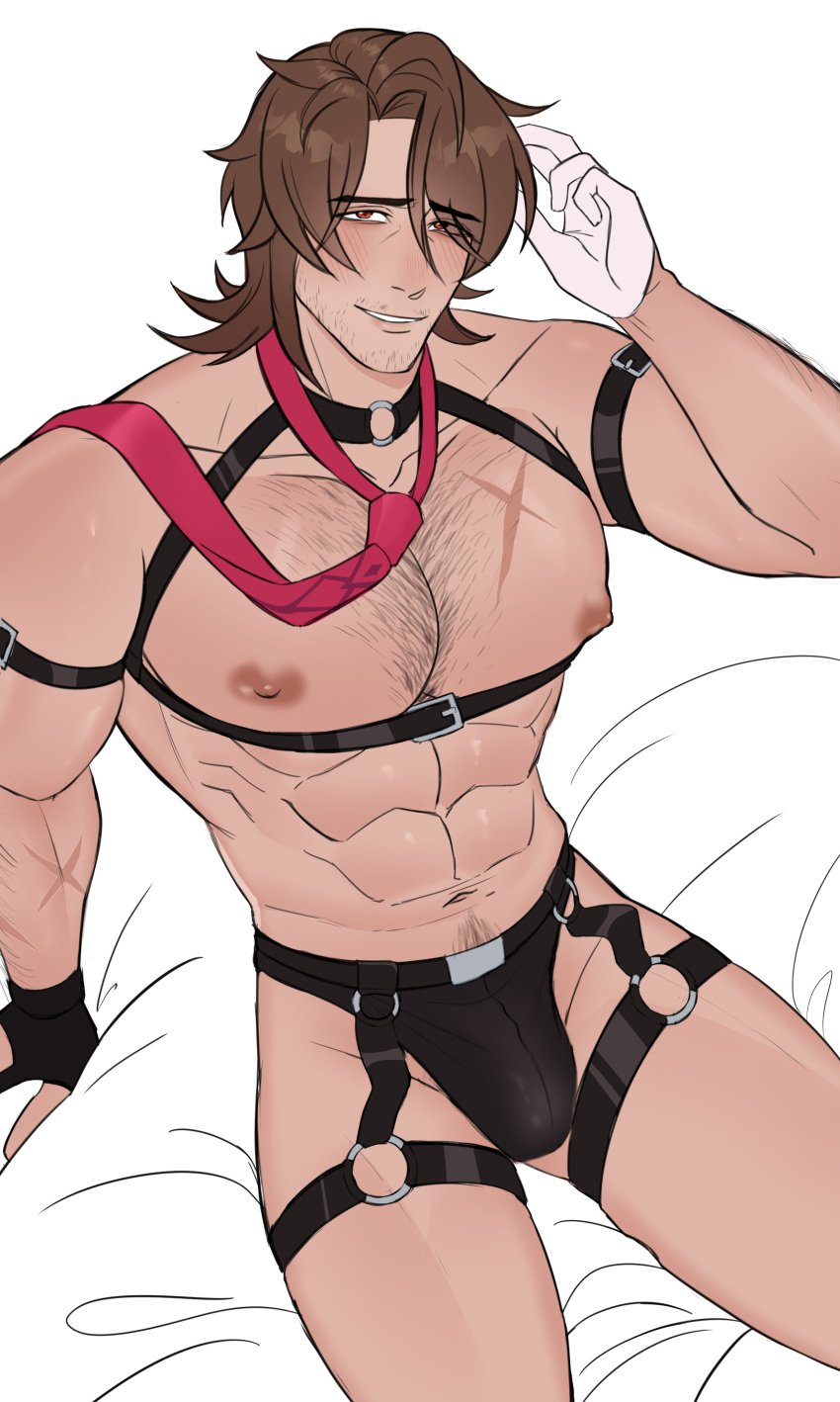 1boy abs blush bulge facial_hair fullbodycollapsed fullycollapsed1 gallagher_(honkai:_star_rail) garter_belt gloves hairy_chest happy_trail harness honkai:_star_rail male male_only muscular_male scars tagme tie underwear white_background