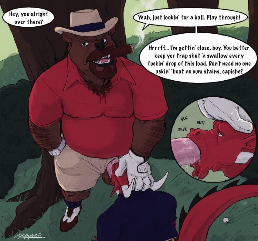 age_difference all_fours anthro arm_hair balls bear beard behind_tree belt bodily_fluids body_hair bottomwear chest_hair cigar cigar_in_mouth cigar_smoke clock close-up clothing collared_shirt dialogue dragon dress_shoes duo facial_hair fellatio footwear genitals gloves goatee golf_ball golf_course grass hairy_balls handwear hat headgear headwear hi_res holding_head horn leg_hair male male/male mammal mythological_creature mythological_scalie mythology object_in_mouth open_mouth oral outside outside_sex overweight overweight_anthro overweight_male papyreit penile penis plant polo_shirt raised_tail saliva saliva_on_penis scalie sex shirt shorts shrub smoke smoking socks speech_bubble spiked_tail spikes spikes_(anatomy) straw_hat tail teeth text tongue topwear tree watch