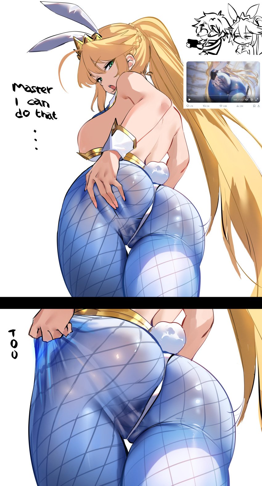 1boy 1girls absurdres ahoge animal_ears artoria_pendragon artoria_pendragon_(swimsuit_ruler)_(fate) artoria_pendragon_(swimsuit_ruler)_(first_ascension)_(fate) ass ass_focus bare_shoulders blonde_hair blue_pantyhose braid breasts brown_dust_(series) brown_dust_2 chibi clothes_pull comic das_(dan_dan) deep_skin detached_collar english_text fake_tail fate/grand_order fate_(series) female fishnet_pantyhose fishnets fujimaru_ritsuka_(male) gold_trim green_eyes hair_between_eyes highleg highleg_leotard highres large_breasts leotard long_hair looking_at_viewer looking_back meme necktie open_mouth pantyhose pantyhose_pull playboy_bunny ponytail rabbit_ears rabbit_tail sideboob sidelocks spread_ass spread_pussy tail thighs tiara white_leotard wilhelmina_(brown_dust) wilhelmina_stretch_(meme) wrist_cuffs