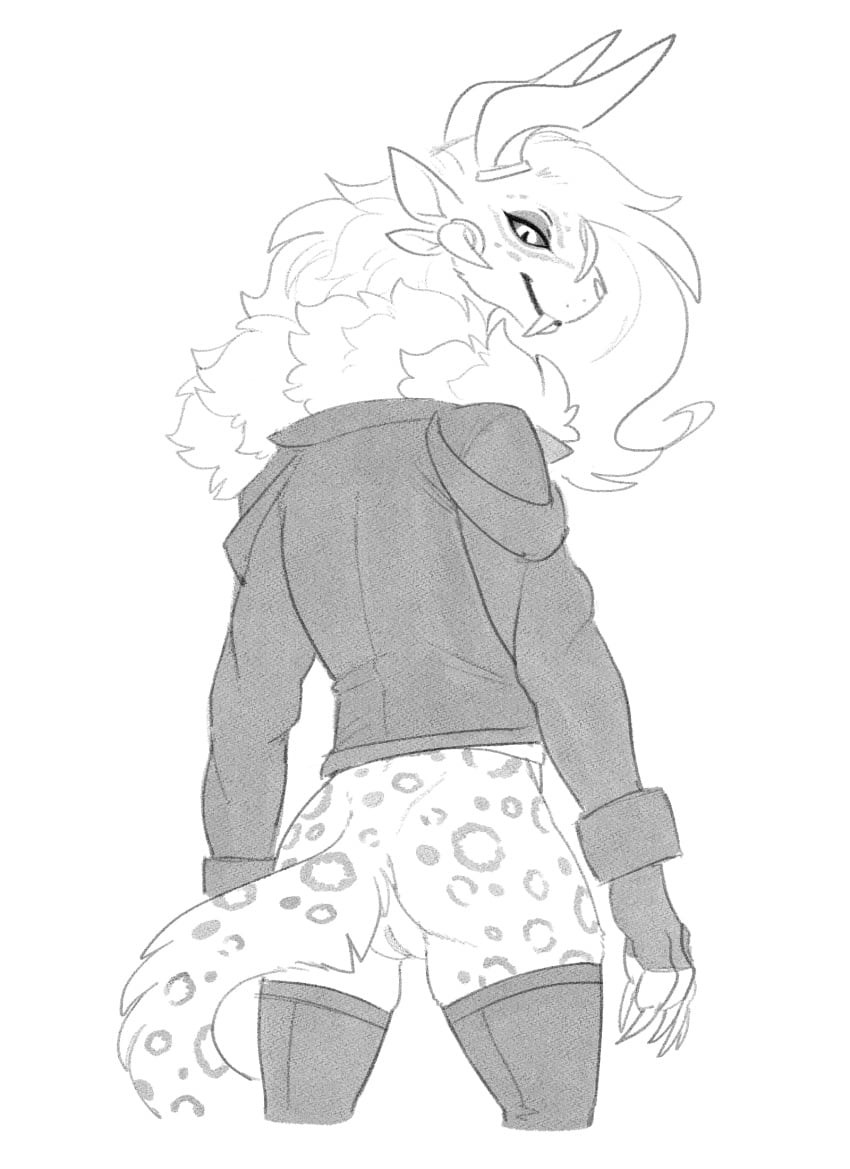 2025 4_ears 4_horns anthro ass bedroom_eyes biped bottomless bottomless_anthro bottomless_female charr claws clothed clothing digital_media_(artwork) fangs felid female female_anthro finger_claws genitals greyscale guild_wars halbean half-closed_eyes hi_res horn jacket leather leather_clothing leather_jacket leather_topwear legwear looking_at_viewer looking_back looking_back_at_viewer mammal monochrome multi_ear multi_horn narrowed_eyes portrait pubes pupils pussy seductive simple_background slit_pupils solo teeth thigh_highs three-quarter_portrait topwear white_background