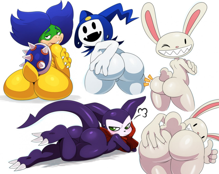 2015 2_fingers 3_fingers 3_toes 4boys anthro ascot ass atlus backsack backside balls bandai bent_over big_ass big_butt blue_eyebrows blue_hair blush butt claws clothing crossed_arms crossover dat_ass digimon fangs feet femboy feminine feminine_male foot_up girly gloves green_eyes grin group half-closed_eyes heels huge_ass impmon jack_frost jack_frost_(megami_tensei) koopa koopaling lagomorph looking_at_viewer looking_back ludwig_von_koopa lying male male_only mammal mario_(series) mascot max max_(sam_and_max) megami_tensei mostly_nude nintendo nude on_back on_front one_eye_closed pink_nose presenting presenting_hindquarters rabbit raised_tail rear_view red_gloves red_neckerchief sam_and_max scalie sharp_teeth simple_background spiked_shell sssonic2 standing sweatdrop tagme tail thumbs_up toe_claws toes video_games white_background white_body yellow_scales