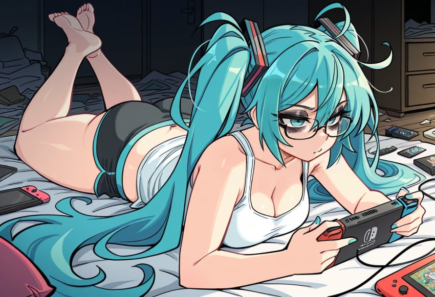1girls ai_generated bags_under_eyes female femcel hatsune_miku messy nintendo_switch shewwwhore vocaloid
