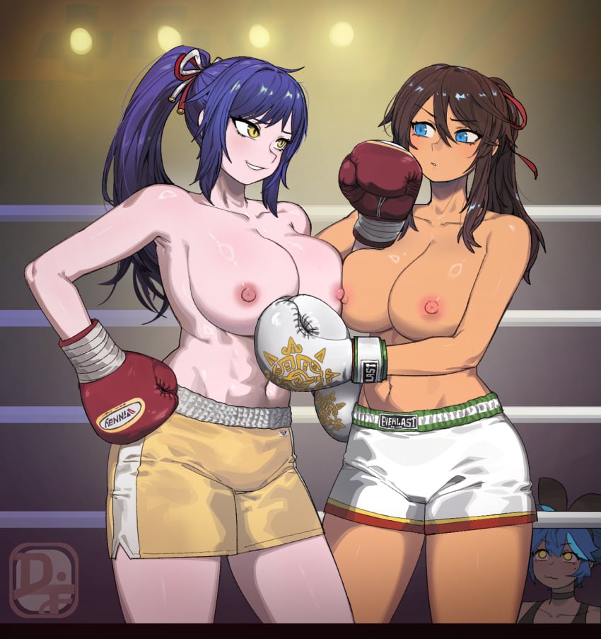 big_breasts boxing boxing_gloves boxing_ring boxing_shorts catfight dif_(difman) difman huge_breasts interracial multiple_girls original_characters staredown tagme topless