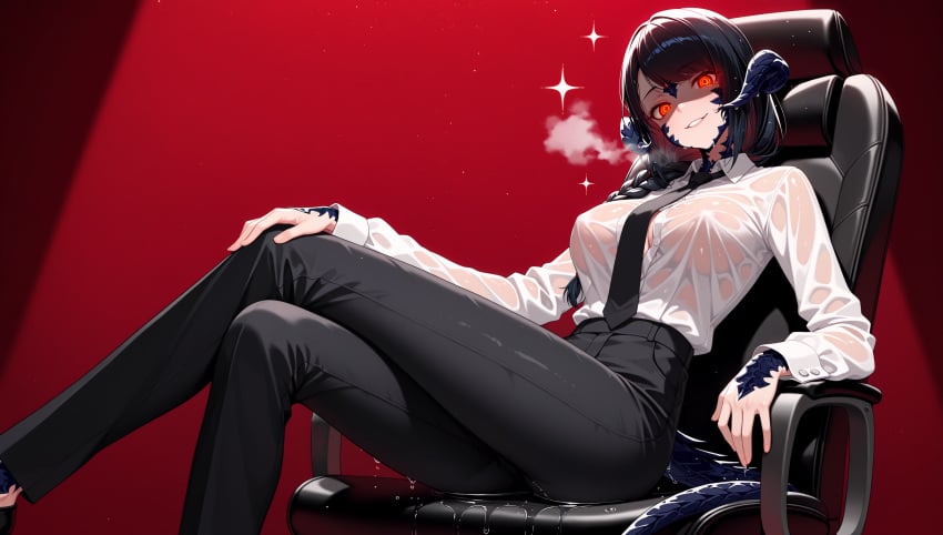 1girl 1girls ai_generated au_ra beautiful big_breasts black_hair black_tie blue_scales braid braided_hair breasts button_down_shirt chainsaw_man cleavage cleavage_window confident crossed_legs curvy dominant dominant_female dragon dragon_girl dress_pants dress_shirt dressed dripping dripping_water dripping_wet elegant evil_grin final_fantasy_xiv formal_wear glowing_eyes hair_over_shoulder hand_on_leg heels highres horns inviting lizard lizard_girl makima makima_(chainsaw_man) makima_(chainsaw_man)_(cosplay) nipples nipples_visible_through_clothing office_chair office_lady red_background red_eyes rukiakira rukiakira scales short_hair sitting slim_waist smirk smug sparkles spiral_eyes spotlight suggestive tail teeth teeth_showing thighs tied_hair wet wet_clothes wet_hair wet_shirt wet_skin white_body xaela