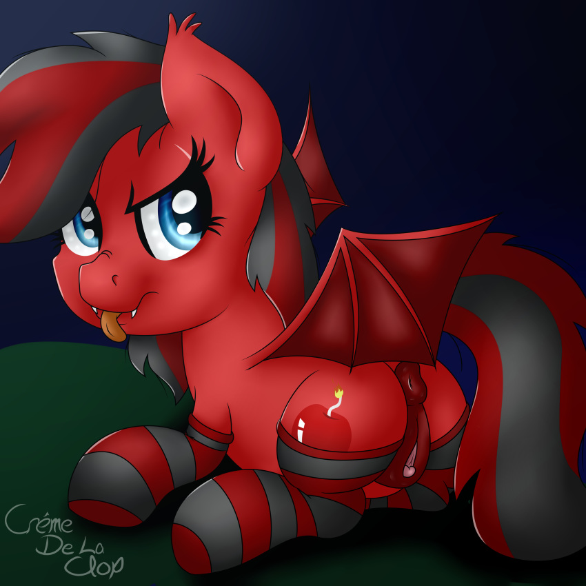 anus bat_wings blue_eyes cherry clitoris clothing cremedelaclop_(artist) equine fan_character fangs female fruit grey_hair hair horse legwear mammal my_little_pony pony pussy red_hair solo stockings tongue tongue_out wings