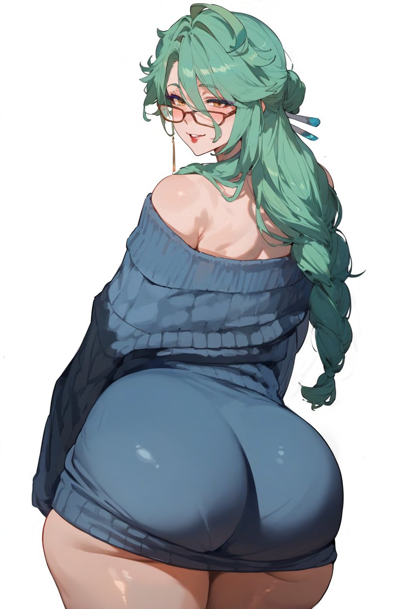 1boy ai_generated alteryors baizhu_(genshin_impact) dumptruck_ass fat_ass femboy from_behind genshin_impact glasses green_hair hoyoverse huge_ass lipstick mihoyo novelai oversized_clothes seductive seductive_look seductive_smile smile solo sweater thick thick_ass thick_thighs wet wet_body wet_skin yellow_eyes
