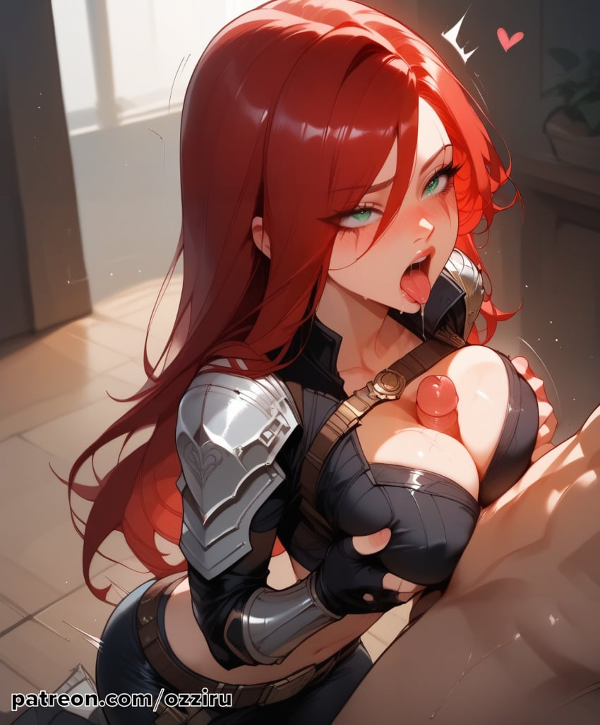 absurd_res ai_generated female green_eyes hi_res highres katarina_du_couteau league_of_legends long_hair ozziru paizuri patreon red_hair scar self_upload titjob uncensored