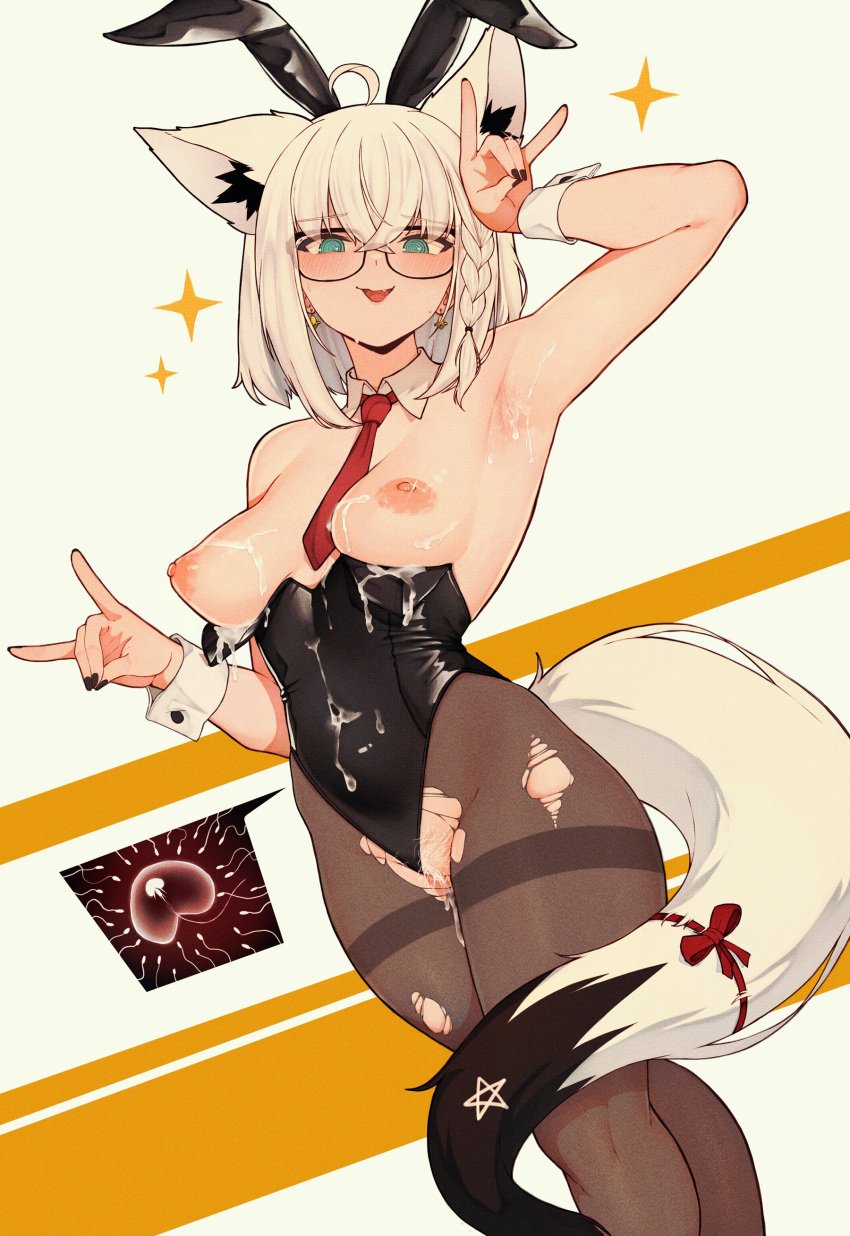 absurdres ahoge animal_ears armpit_focus armpits black-framed_eyewear black_leotard black_nails blue_eyes braid breasts clothing_aside commentary cowboy_shot crossed_bangs cum cum_in_pussy cum_on_armpits cum_on_body cumdrip detached_collar double_fox_shadow_puppet dutch_angle earrings english_commentary fake_animal_ears female female_pubic_hair fingernails fox_ears fox_shadow_puppet fox_tail glasses hair_between_eyes hand_up highres hololive jewelry leotard leotard_aside medium_breasts medium_hair necktie open_mouth pantyhose pentagram playboy_bunny presenting_armpit pubic_hair pubic_hair_peek rabbit_ears red_necktie red_ribbon ribbon ring shirakami_fubuki smile solo sparkle sweat tail tongue tongue_out torn_clothes torn_pantyhose varniskarnis virtual_youtuber wedding_ring white_hair white_pubic_hair wrist_cuffs