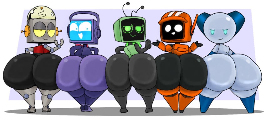 1girls 4boys ass_chart ass_comparison big_ass bowtie bubble_butt dandy's_world fandroid female femboy furu_flami headphones k-vrc love_death_+_robots male mostly_nude robot robot_boy robot_humanoid robot_jones robotboy robotboy_(character) shortstack smaller_male tv_head vee_(dandy's_world) whatever_happened_to..._robot_jones?
