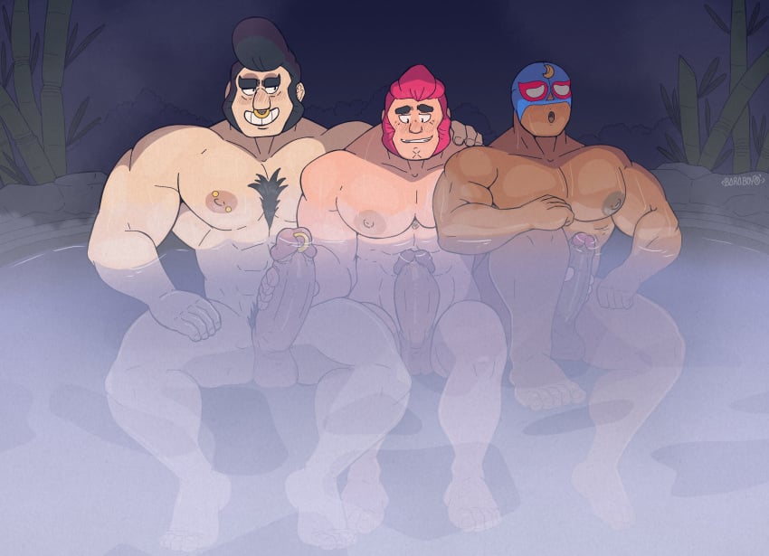 3boys abs balls bara baraboy big_balls big_muscles big_nipples big_pecs big_penis black_hair blush brawl_stars bull_(brawl_stars) colt_(brawl_stars) daddy dark-skinned_male dark_skin dilf el_primo_(brawl_stars) erection gay grin hot_spring huge_balls huge_cock huge_muscles huge_nipples huge_pecs hunk imminent_sex imminent_threesome interracial larger_human larger_male latino latino_male luchador mask mask_only masked masked_male muscular muscular_human muscular_male nipple_piercing nipples nose_ring nude partially_submerged pecs penis pink_hair sideburns size_difference smaller_human smaller_male trio water wrestler yaoi